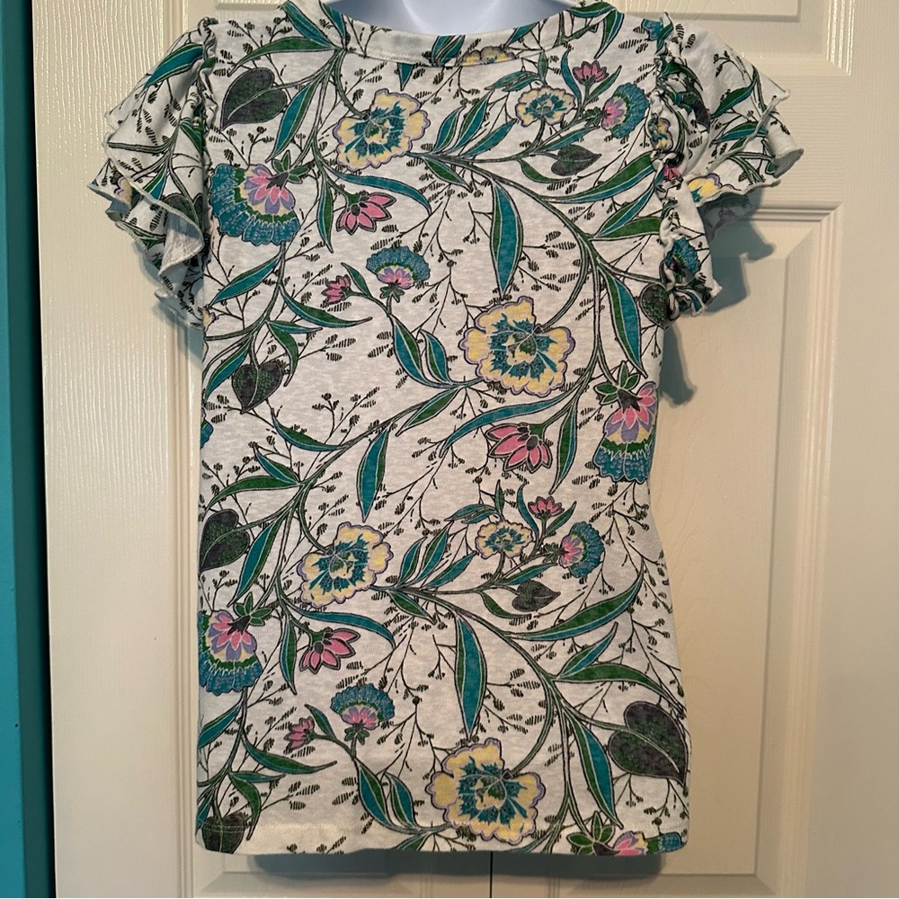 LOFT White and Blue Ruffled Cap Sleeve Blouse - Picture 3 of 5